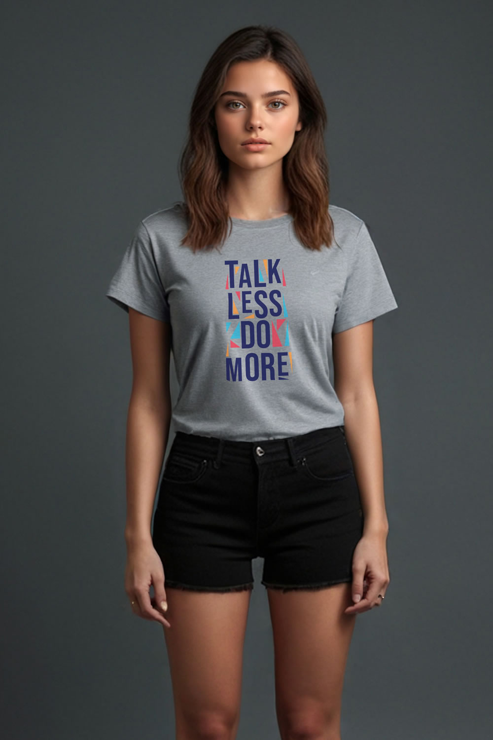 Talk Less Do More Baskılı Gri Melanj Bisiklet Yaka Tişört