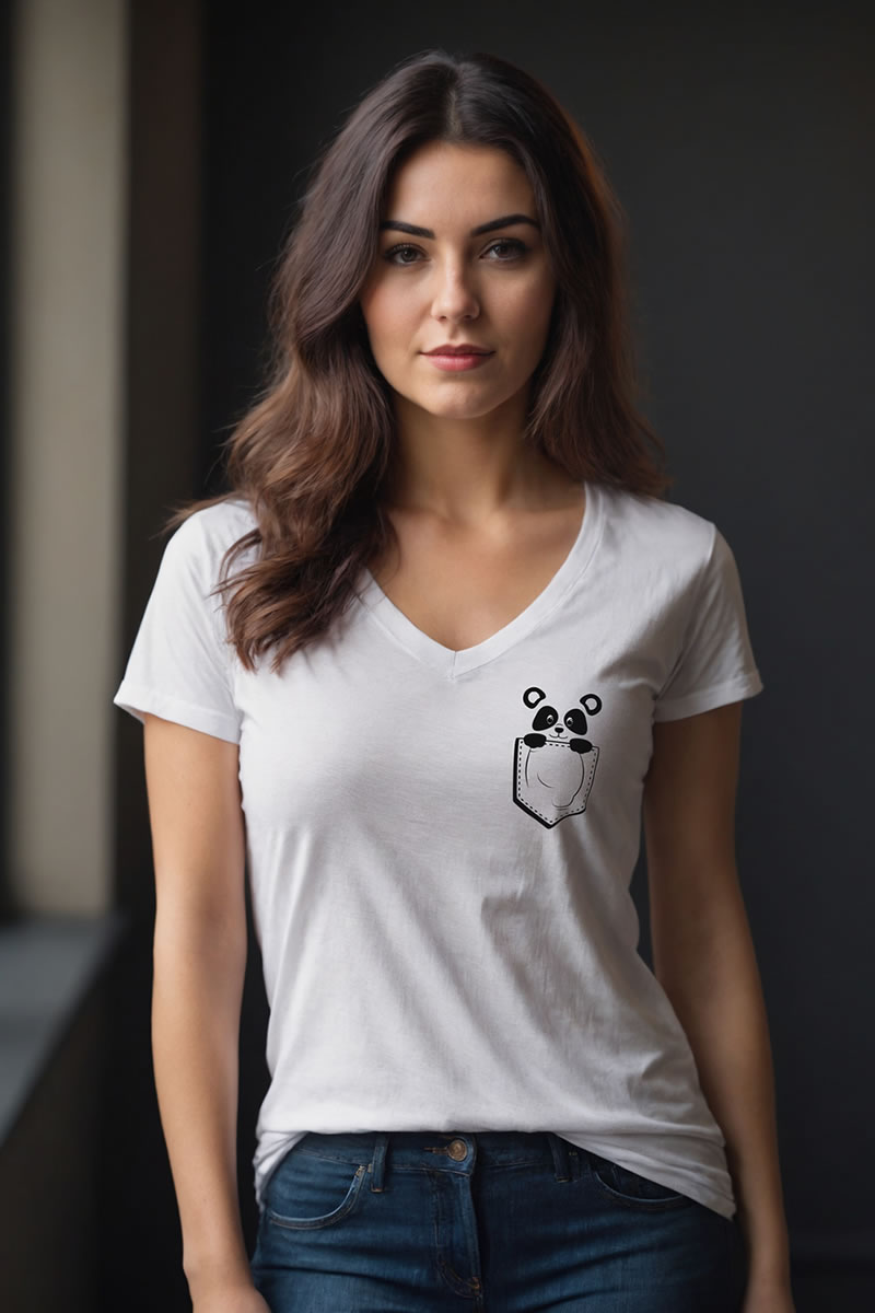 Panda Baskılı Beyaz V Yaka Tişört