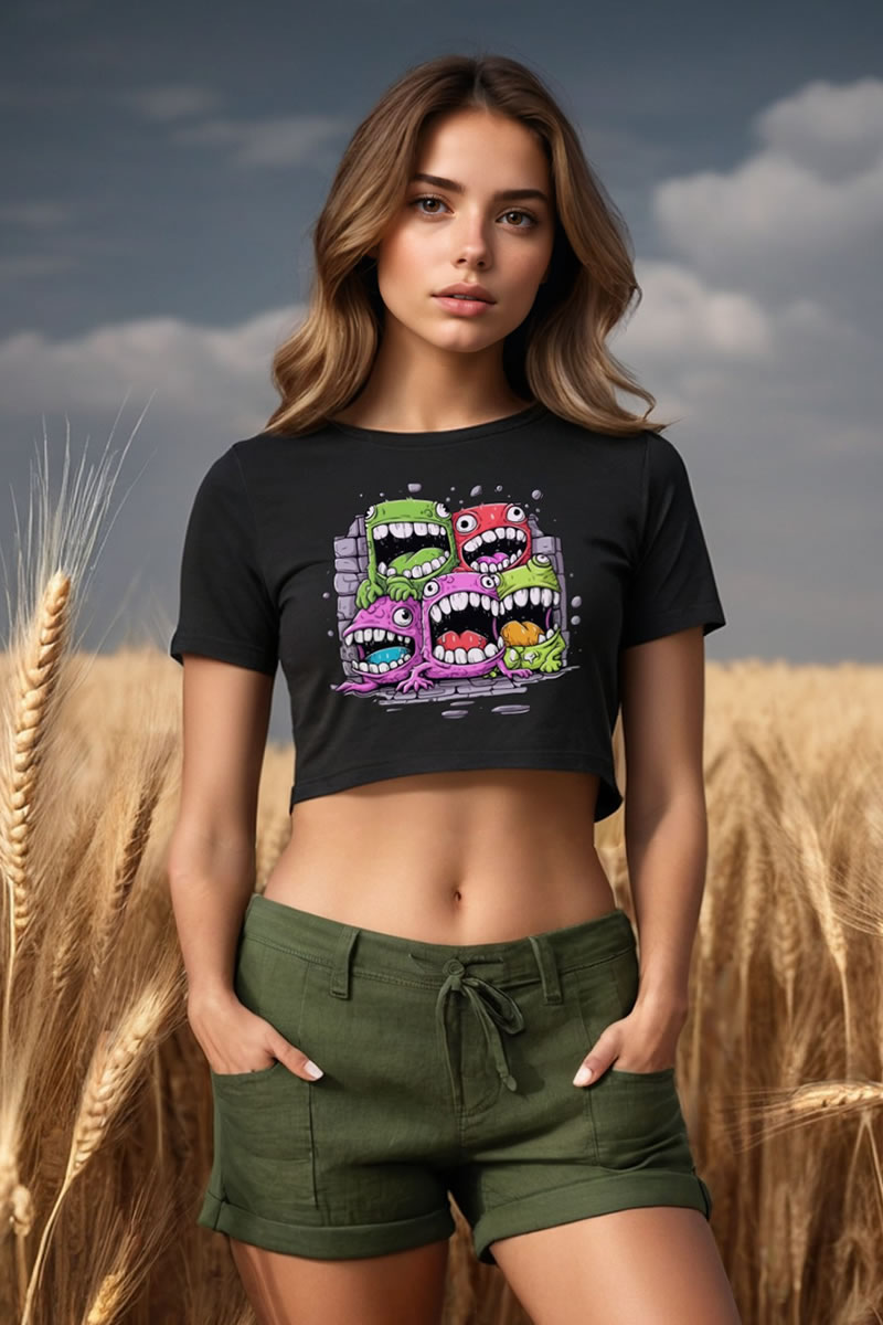 Cute Little Monsters Baskılı Siyah Crop Top
