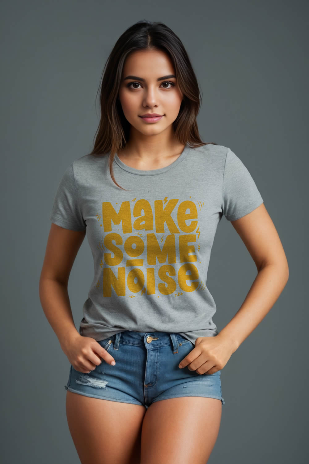 Make Some Noise Baskılı Kadın SlimFit Tişört - Gri Melanj
