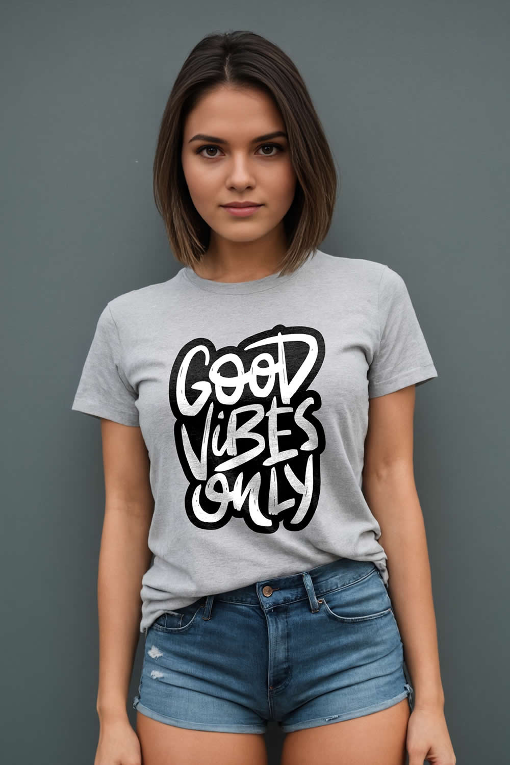 Good Vibes Only Baskılı Kadın SlimFit Tişört - Gri Melanj