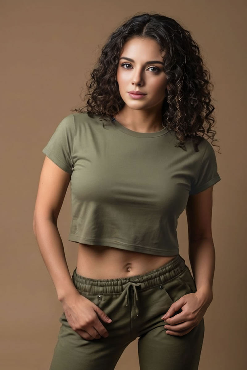 Tırmanan Kedi Baskılı Haki Crop Top